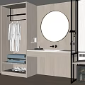 Wooden Bathroom Vanity With Backlit Round Mirror Hanging Bathrobes And Slippers