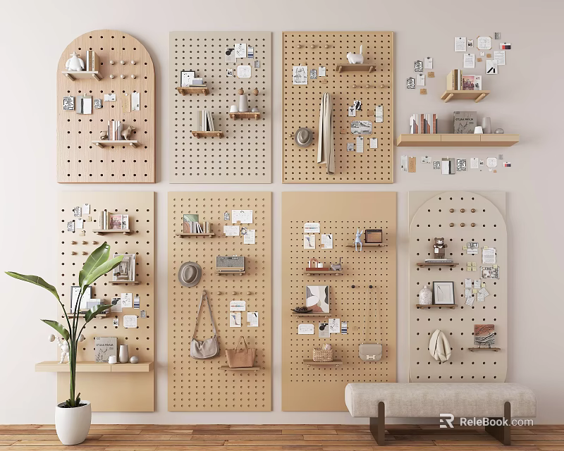 Wooden Pegboard Wall Hangings With Various Designs For Decorative Items And Storage 3d model 