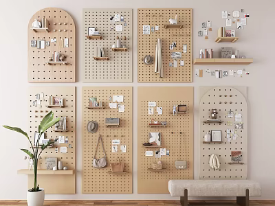 Wooden Pegboard Wall Hangings With Various Designs For Decorative Items And Storage 3d model