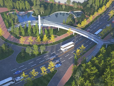 Modern Landscape Bridge Spanning Urban Road With Greenery Trees and Pond and Passing Vehicles 3d model