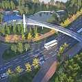 Modern Landscape Bridge Spanning Urban Road With Greenery Trees and Pond and Passing Vehicles