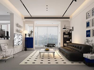 Modern Living Dining Room Interior Design With Black Leather Sofa Coffee Table And Wall Decor Art 3d model