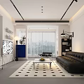Modern Living Dining Room Interior Design With Black Leather Sofa Coffee Table And Wall Decor Art