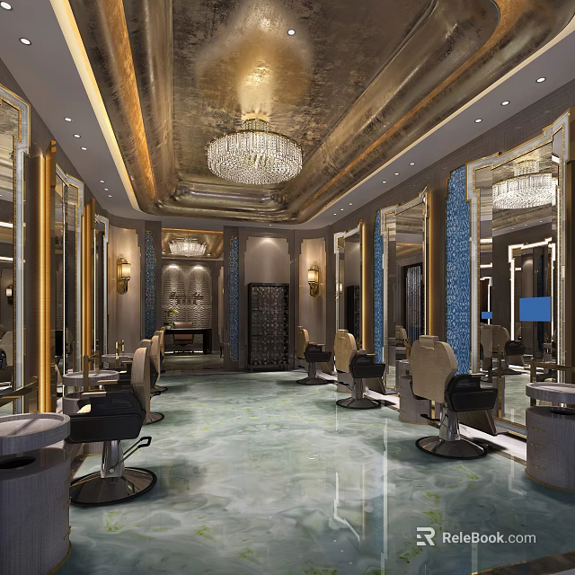 Luxurious Beauty Hair Salon Interior With Crystal Chandelier Mirrors And Styling Chairs 3d model 
