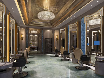 Luxurious Beauty Hair Salon Interior With Crystal Chandelier Mirrors And Styling Chairs 3d model