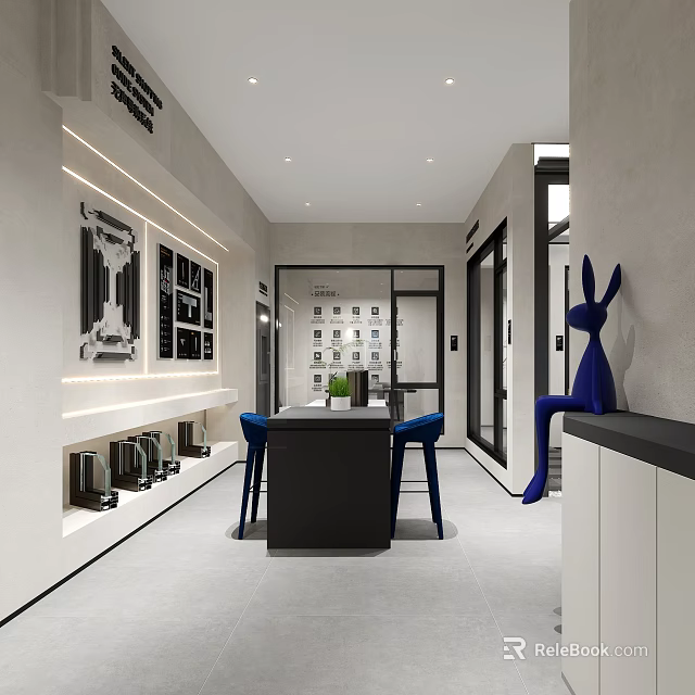 Modern Minimalist Interior With Gray Walls Glass Cabinets Black Table Blue Chairs And Rabbit Sculpture 3d model 