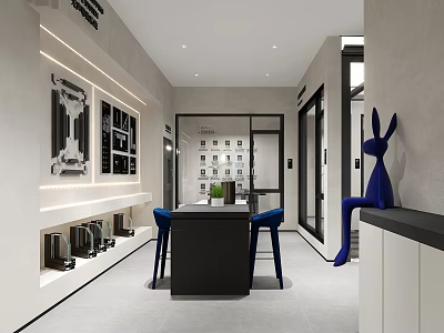 Modern Minimalist Interior With Gray Walls Glass Cabinets Black Table Blue Chairs And Rabbit Sculpture 3d model