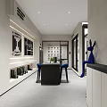 Modern Minimalist Interior With Gray Walls Glass Cabinets Black Table Blue Chairs And Rabbit Sculpture