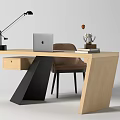 Modern Wooden Desk With Black Metal Frame Laptop Desk Lamp Books And Brown Chair
