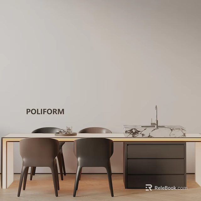 Modern POLIFORM Dining Table Set With Brown Chairs And Drawer Cabinet 3d model