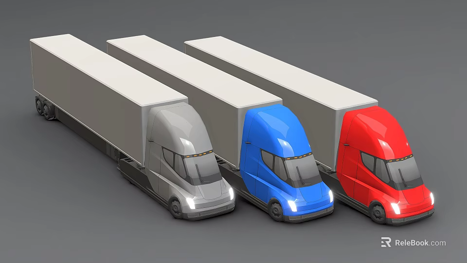 Three Different Colored Commercial Trucks With Long Trailers in Gray Blue and Red 3d model 