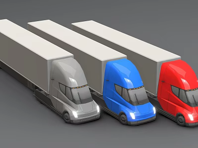 Three Different Colored Commercial Trucks With Long Trailers in Gray Blue and Red 3d model