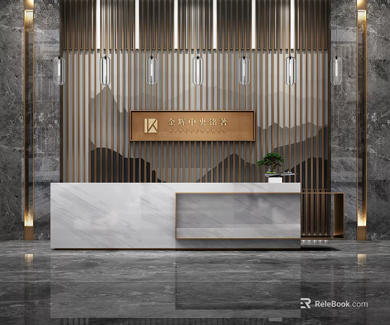 Elegant Modern Reception Desk With Marble Countertop Metal Strip Company Logo And Plant In Lobby 3d model 
