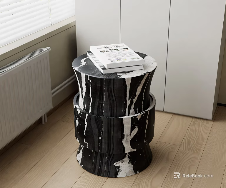 Black And White Marble Side Table With Cylindrical Design And Books On Wooden Floor 3d model 