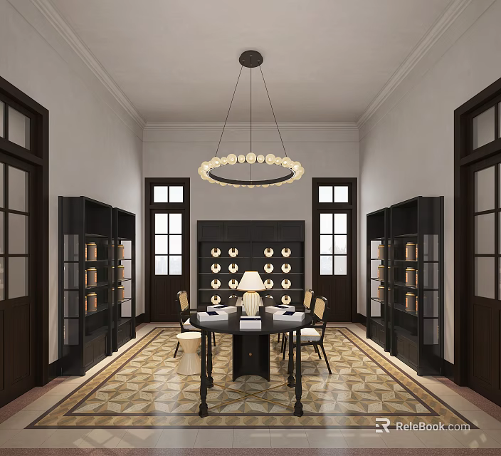 Elegant Private Box Interior Design With Chandelier Bookshelves Table Chairs And Patterned Tiles 3d model 