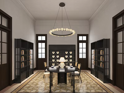 Elegant Private Box Interior Design With Chandelier Bookshelves Table Chairs And Patterned Tiles 3d model
