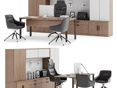 Modern Office Desk Interior With Black Office Chairs Wooden Storage Cabinets And Computer Monitor 3d model