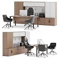 Modern Office Desk Interior With Black Office Chairs Wooden Storage Cabinets And Computer Monitor