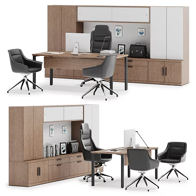 Modern Office Desk Interior With Black Office Chairs Wooden Storage Cabinets And Computer Monitor 3d model