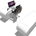 Modern Office Desk With Curved White Wooden Panel Computer Monitor Keyboard Mouse And Black Chair