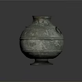 Ancient Bronze Vessel With Ring Handles Ornate Surface Patterns And Patina Finish
