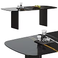 Modern Black Dining Table With Sleek Surface Yellow Lines Tray And Glasses 3d model