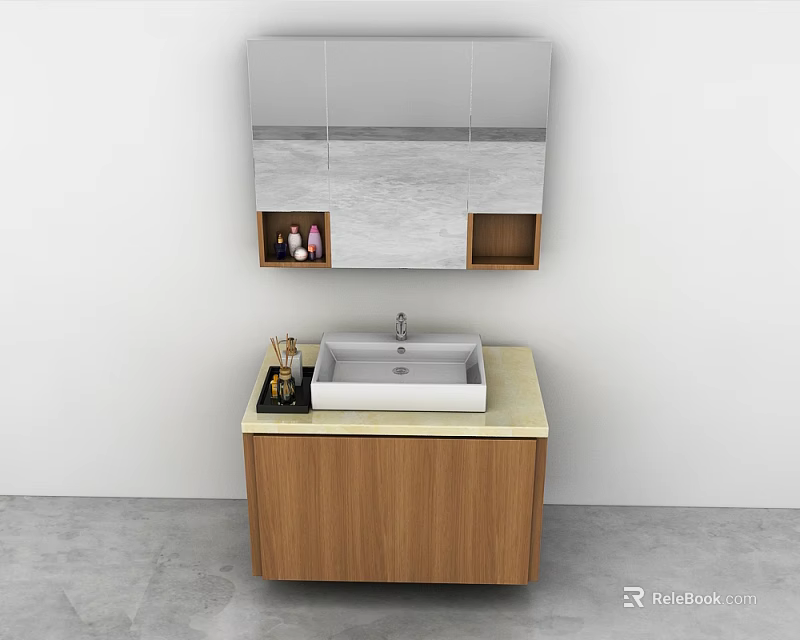 Modern Bathroom Vanity With Wooden Cabinet Mirror Open Shelves And Toiletries 3d model 