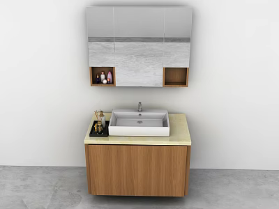 Modern Bathroom Vanity With Wooden Cabinet Mirror Open Shelves And Toiletries 3d model
