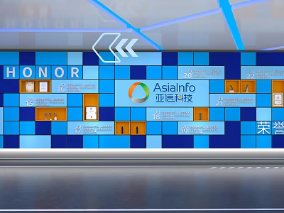 HONOR And AsiaInfo Brand Display On Blue Orange Tile Wall With Modern Design 3d model
