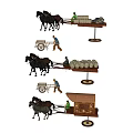 Multiple People Guiding Horse Drawn Carts With Bags Barrels And Covered Wagons