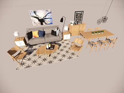 Modern Sofa Coffee Table Set With Fabric Couch Wooden Table And Decorative Rug 3d model