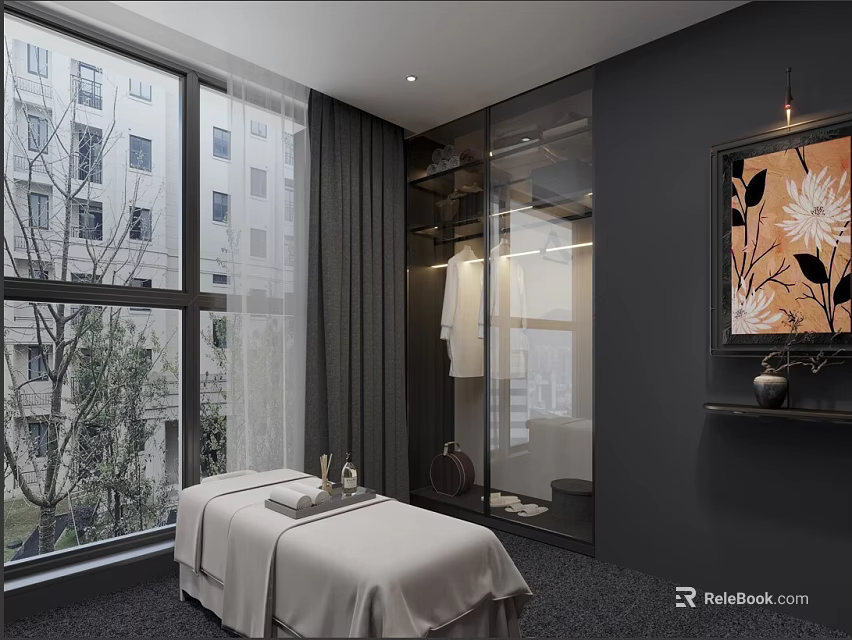 Modern Comfortable Linen Massage Bed In Luxury Dark Themed Spa Treatment Room With Large Window 3d model 
