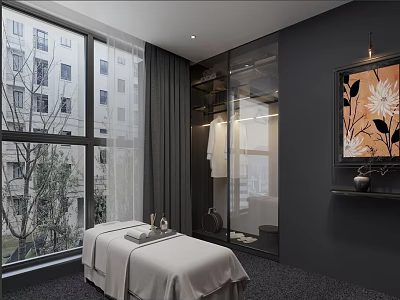 Modern Comfortable Linen Massage Bed In Luxury Dark Themed Spa Treatment Room With Large Window 3d model