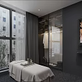 Modern Comfortable Linen Massage Bed In Luxury Dark Themed Spa Treatment Room With Large Window