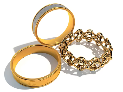 Elegant Gold Jewelry Collection Featuring Wide Band Ring Striped Ring And Chain Link Bracelet 3d model