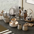 Modern Dinnerware Set With Ceramic Plates Bowls Cups And Wooden Utensils On Kitchen Counter