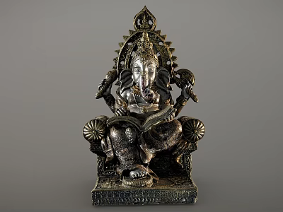 Intricate Ganesha Metal Sculpture With Decorative Carvings Holding Book And Ornate Base 3d model