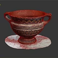 Intricately Carved Ceramic Vessel With Two Handles Colorful Patterns Orange Interior On White Base