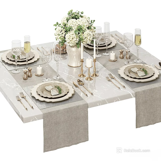 Elegant Tableware Set on Dining Table Gray Linen Runner Plates Napkins Wine Glasses Floral Decor 3d model 