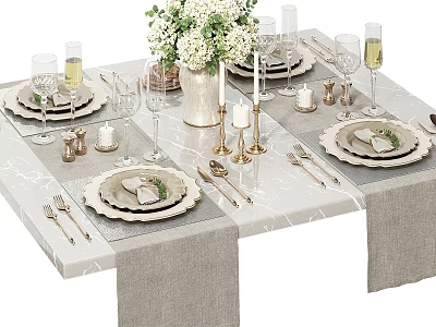 Elegant Tableware Set on Dining Table Gray Linen Runner Plates Napkins Wine Glasses Floral Decor 3d model