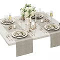 Elegant Tableware Set on Dining Table Gray Linen Runner Plates Napkins Wine Glasses Floral Decor