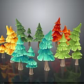 Colorful Paper Art Trees With Various Green Red Yellow Blue Tones On Dark Background