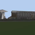 Modern Commercial Complex Design With Glass Facade Green Landscape And Vehicle Parking Area