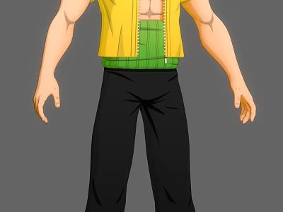Anime Male Character In Yellow Jacket With Green Inner Black Pants And Small Animal 3d model