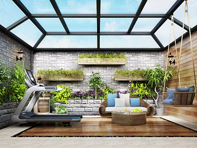 Villa Balcony with Glass Roof Stone Wall Plants Treadmill Sofa Swing and Wooden Floor 3d model