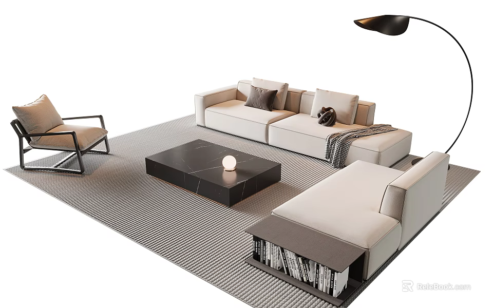 Modern Light Beige Sofa Coffee Table Set With Black Table Stripe Rug And Accent Chair 3d model 