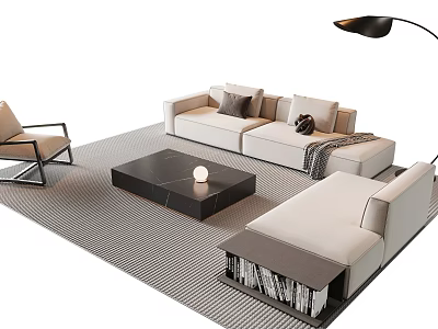 Modern Light Beige Sofa Coffee Table Set With Black Table Stripe Rug And Accent Chair 3d model