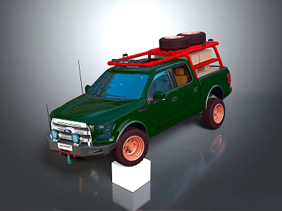Green Pickup Truck With Red Roof Rack Spare Tire Storage Boxes And Copper Wheels 3d model