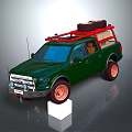 Green Pickup Truck With Red Roof Rack Spare Tire Storage Boxes And Copper Wheels