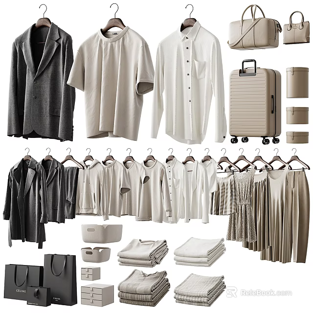 Stylish Wardrobe With Coats Shirts Tops Dresses Pants On Hangers Folded Clothes Handbags And Luggage 3d model 